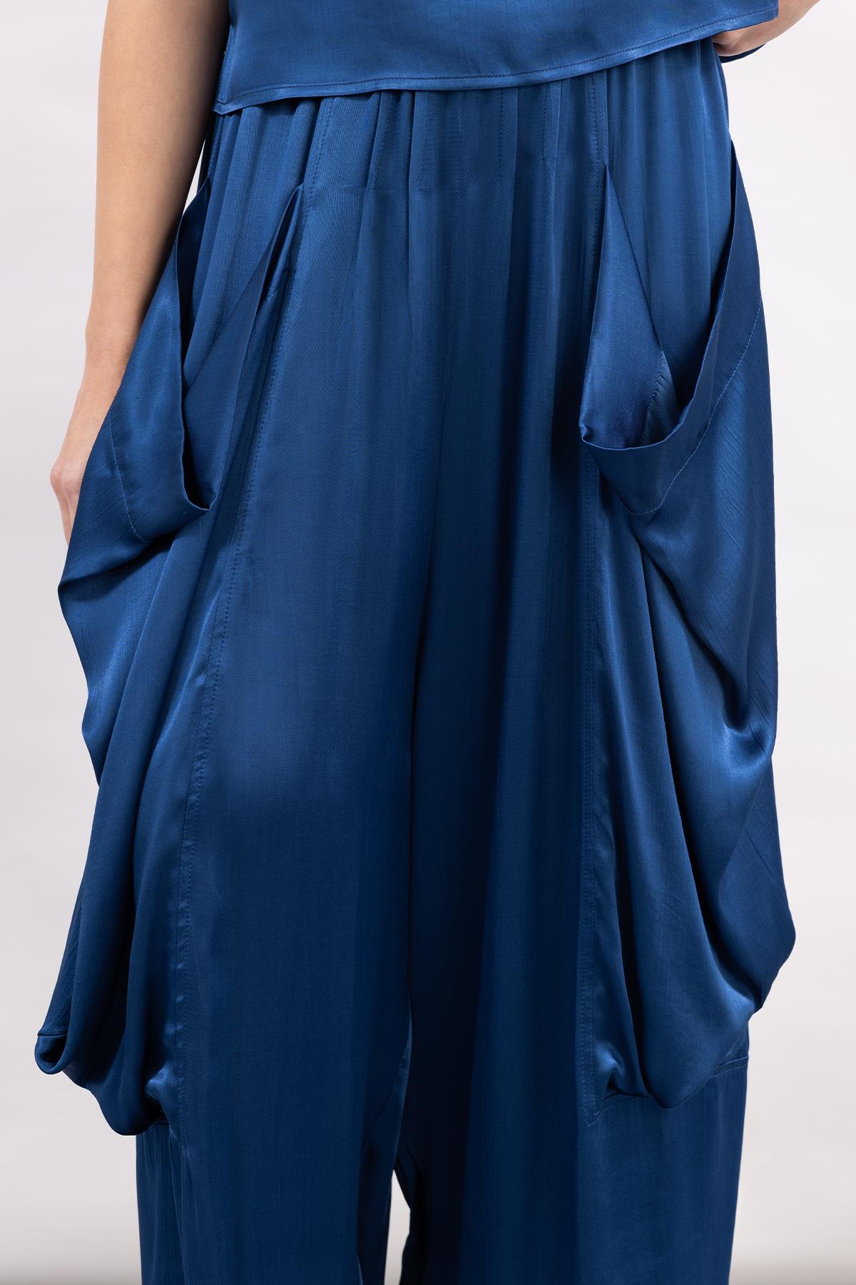 COBALT BLUE POCKET SATIN WIDE LEG TROUSERS