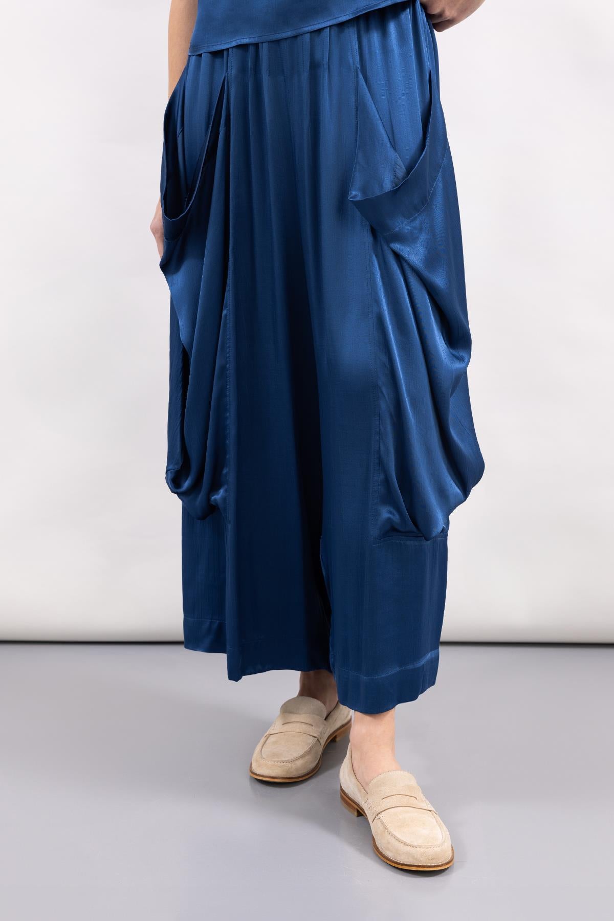 COBALT BLUE POCKET SATIN WIDE LEG TROUSERS