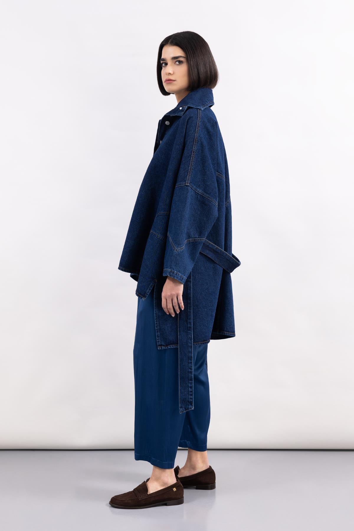 COBALT BLUE STITCH DETAILED SATIN WIDE LEG TROUSERS