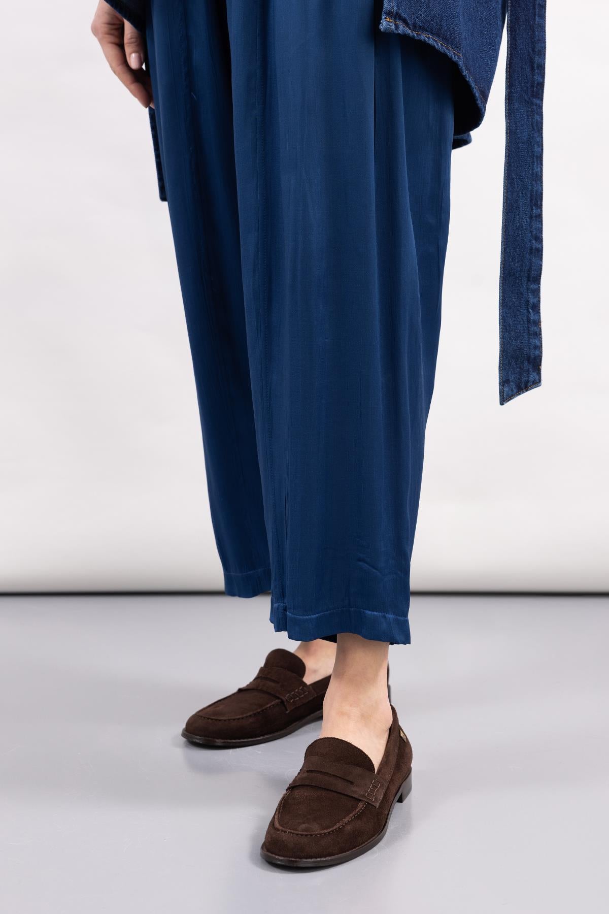 COBALT BLUE STITCH DETAILED SATIN WIDE LEG TROUSERS