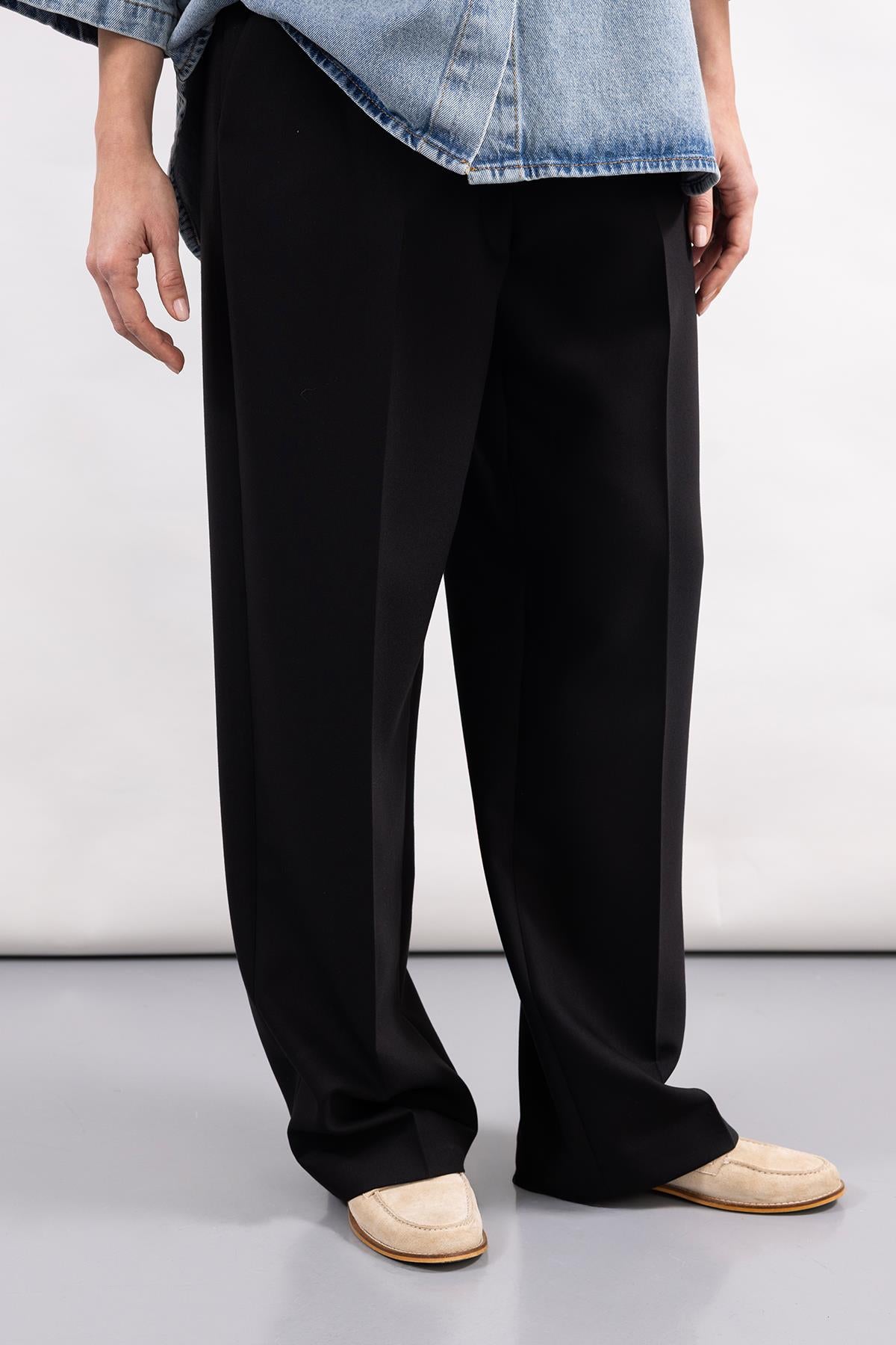 BLACK WOVEN FABRIC WIDE LEG TROUSERS