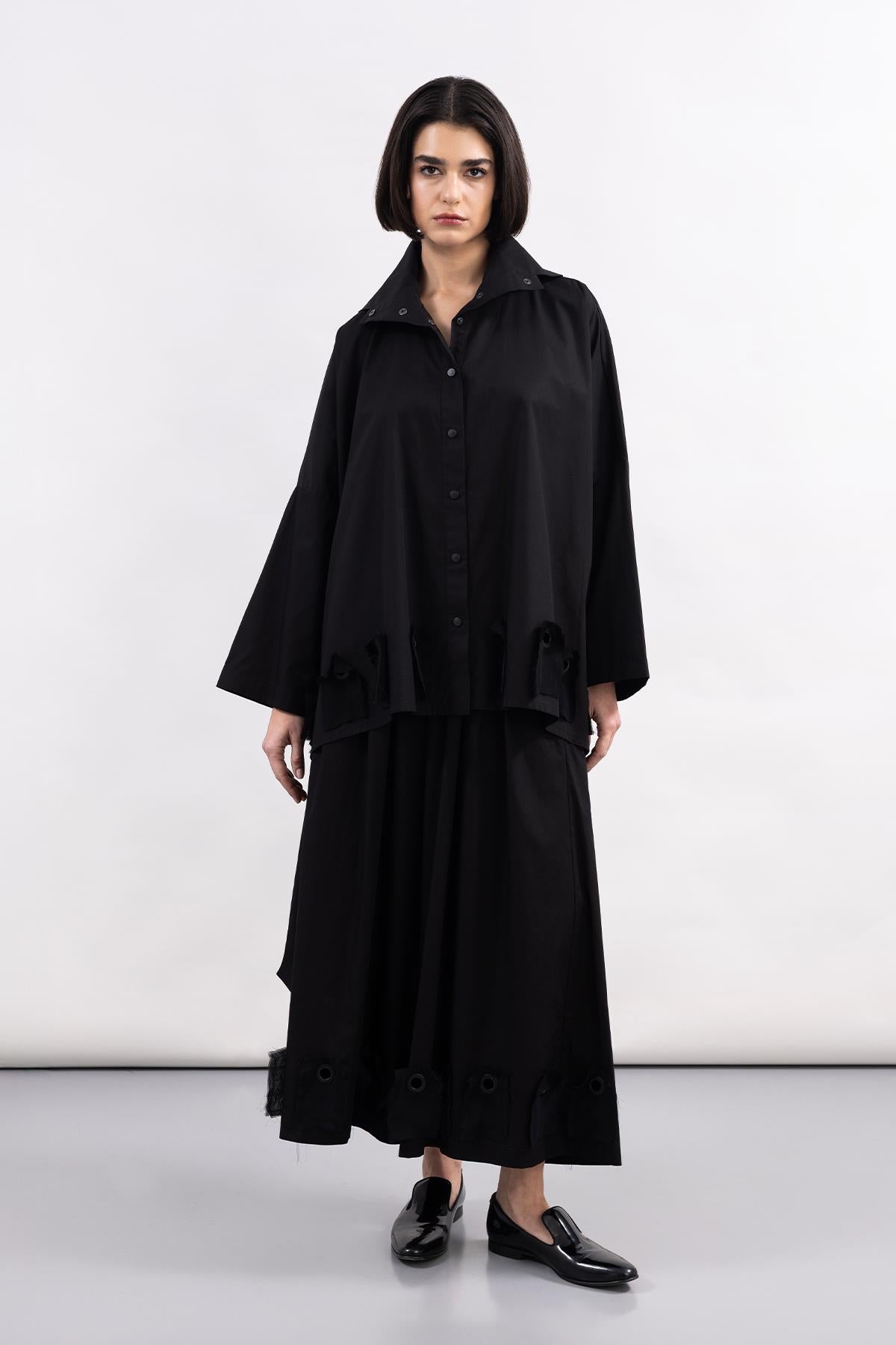 BLACK POPLIN DESIGN WIDE LEG TROUSERS