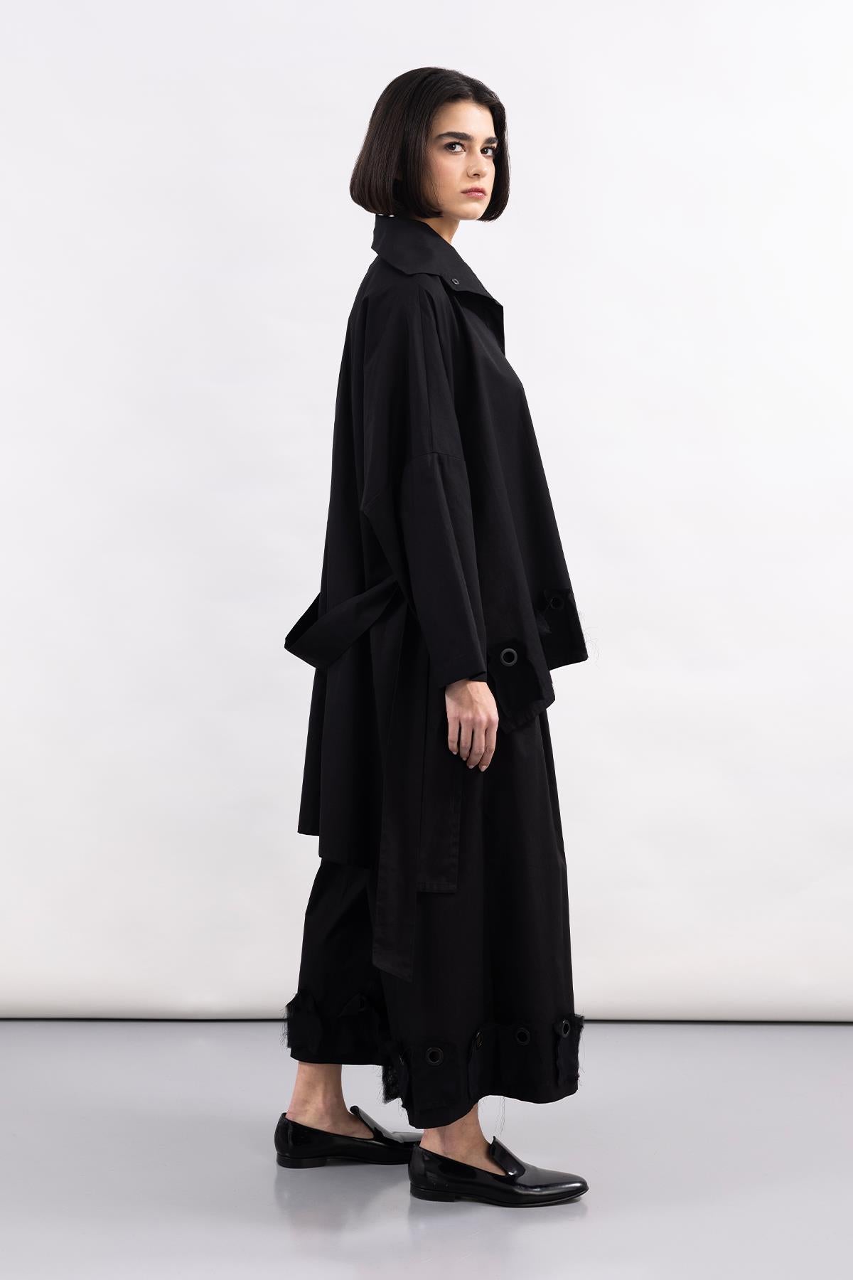 BLACK POPLIN DESIGN WIDE LEG TROUSERS