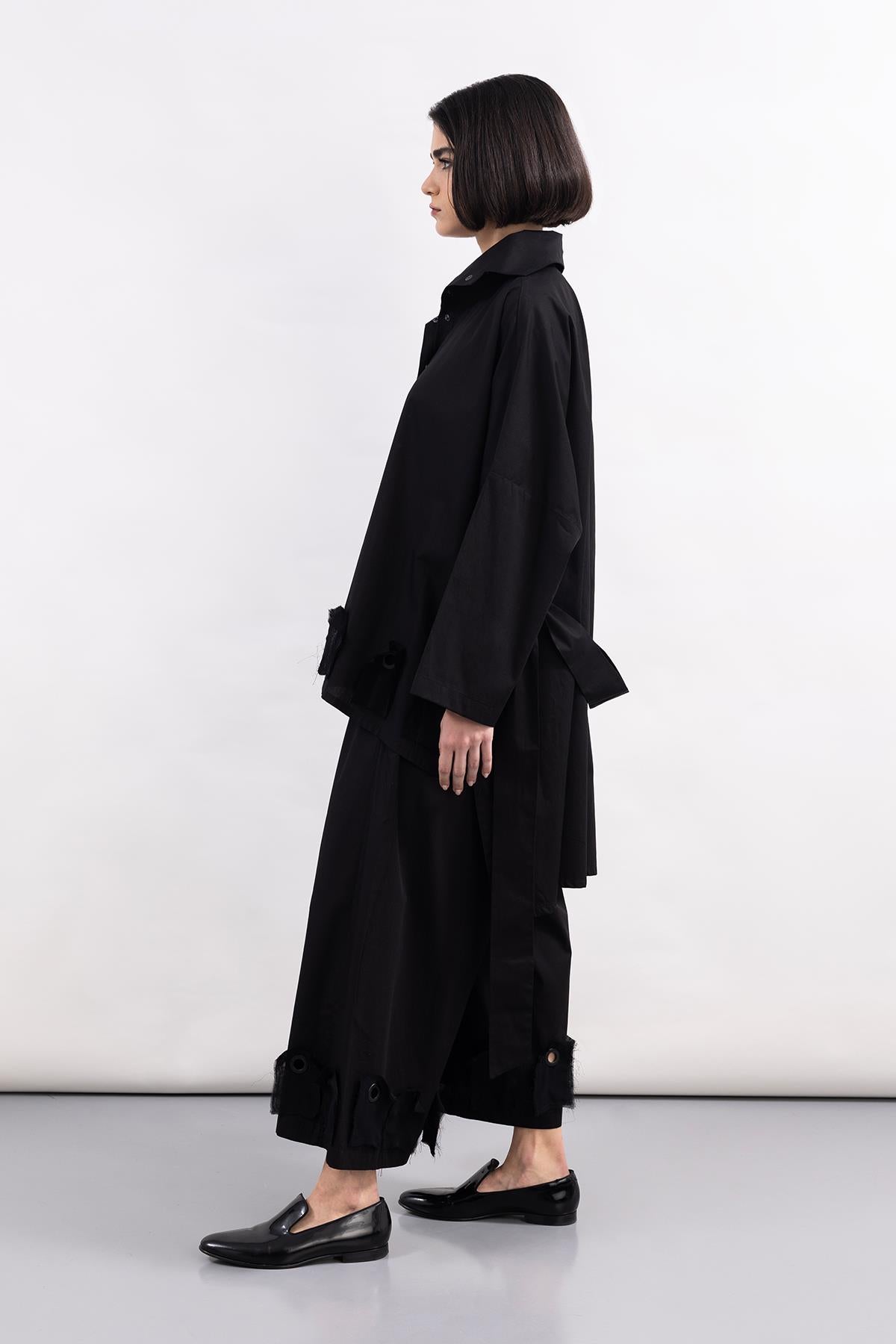 BLACK POPLIN DESIGN WIDE LEG TROUSERS