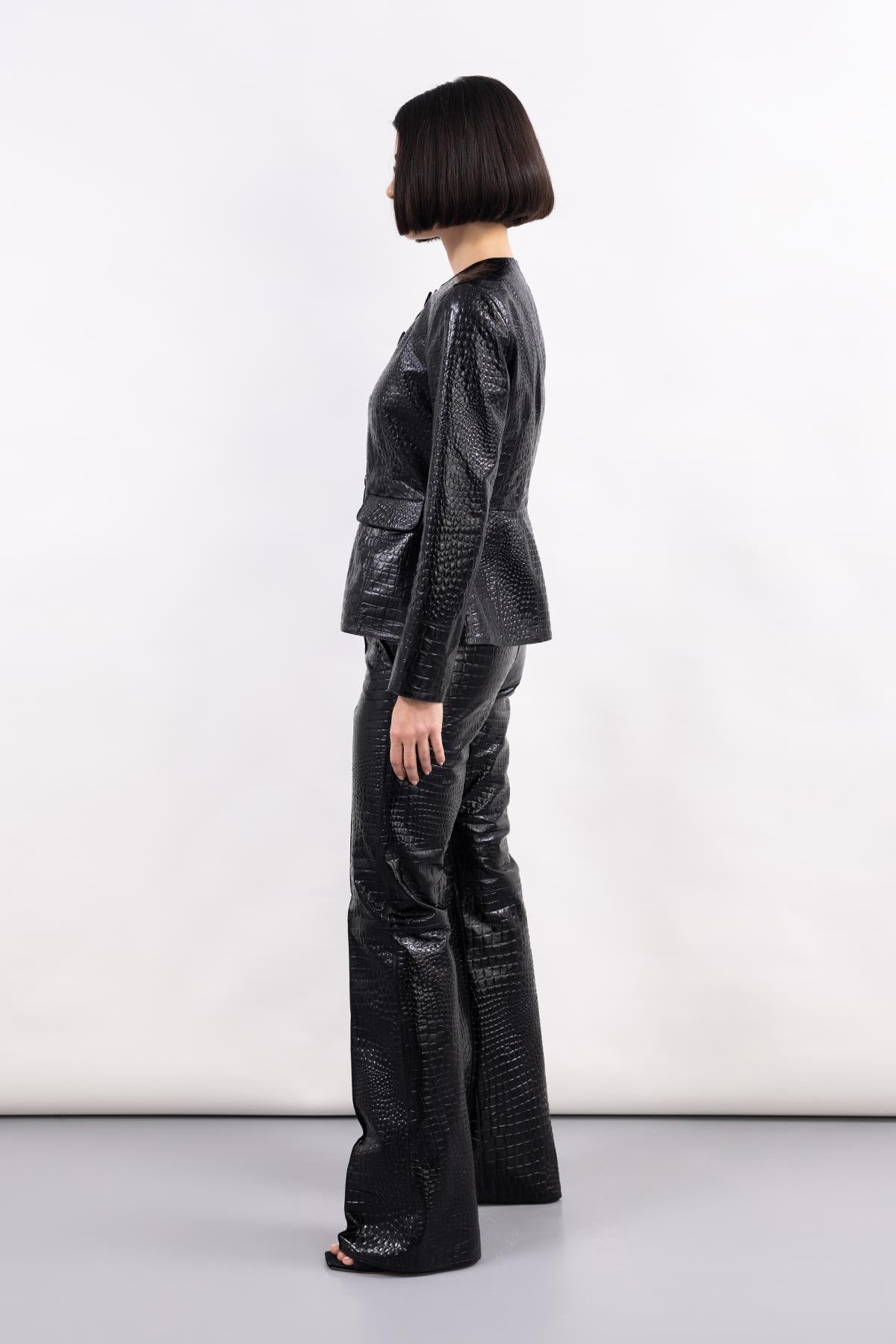 BLACK FRONT STITCH DETAILED LEATHER TROUSERS