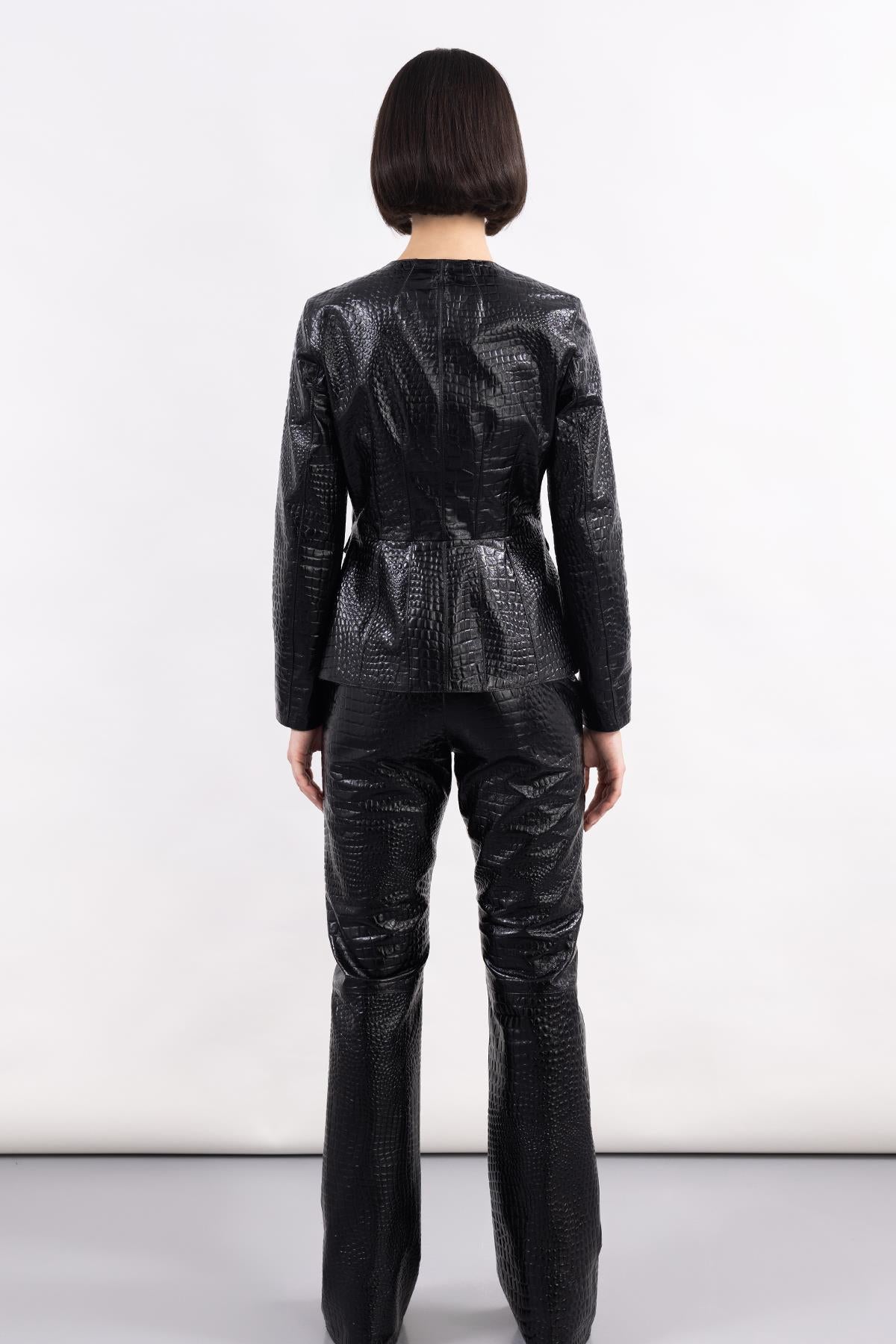 BLACK FRONT STITCH DETAILED LEATHER TROUSERS