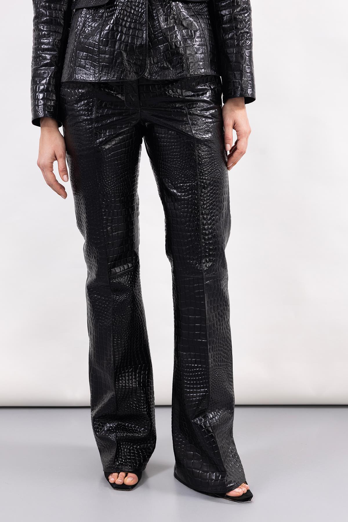 BLACK FRONT STITCH DETAILED LEATHER TROUSERS