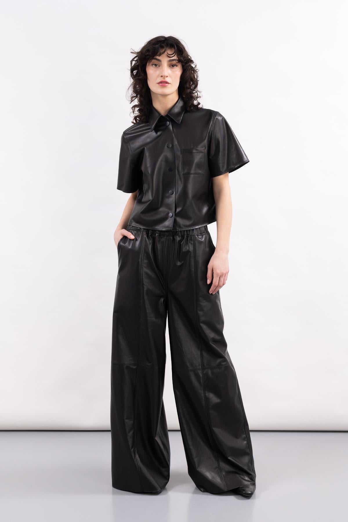 BLACK LEATHER WIDE LEG TROUSERS