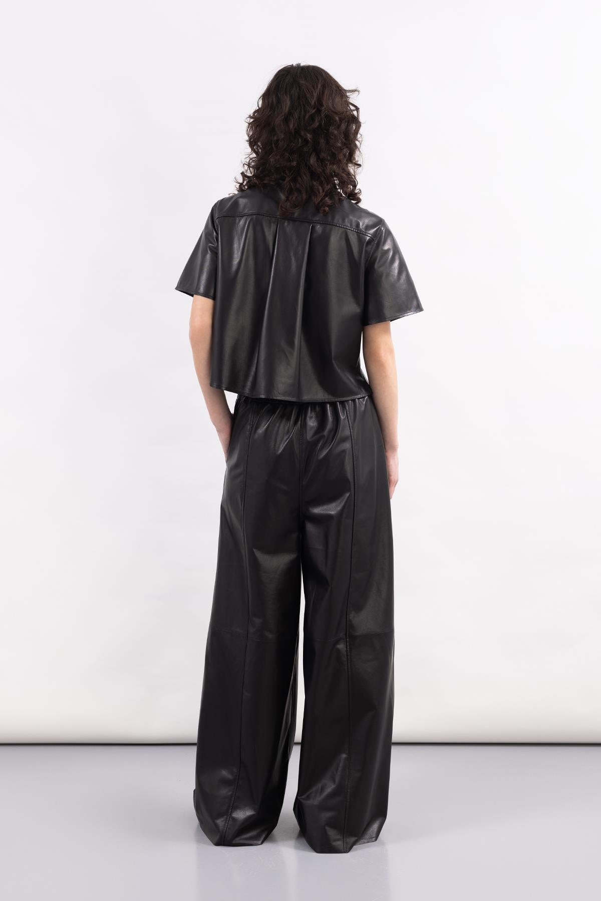 BLACK LEATHER WIDE LEG TROUSERS