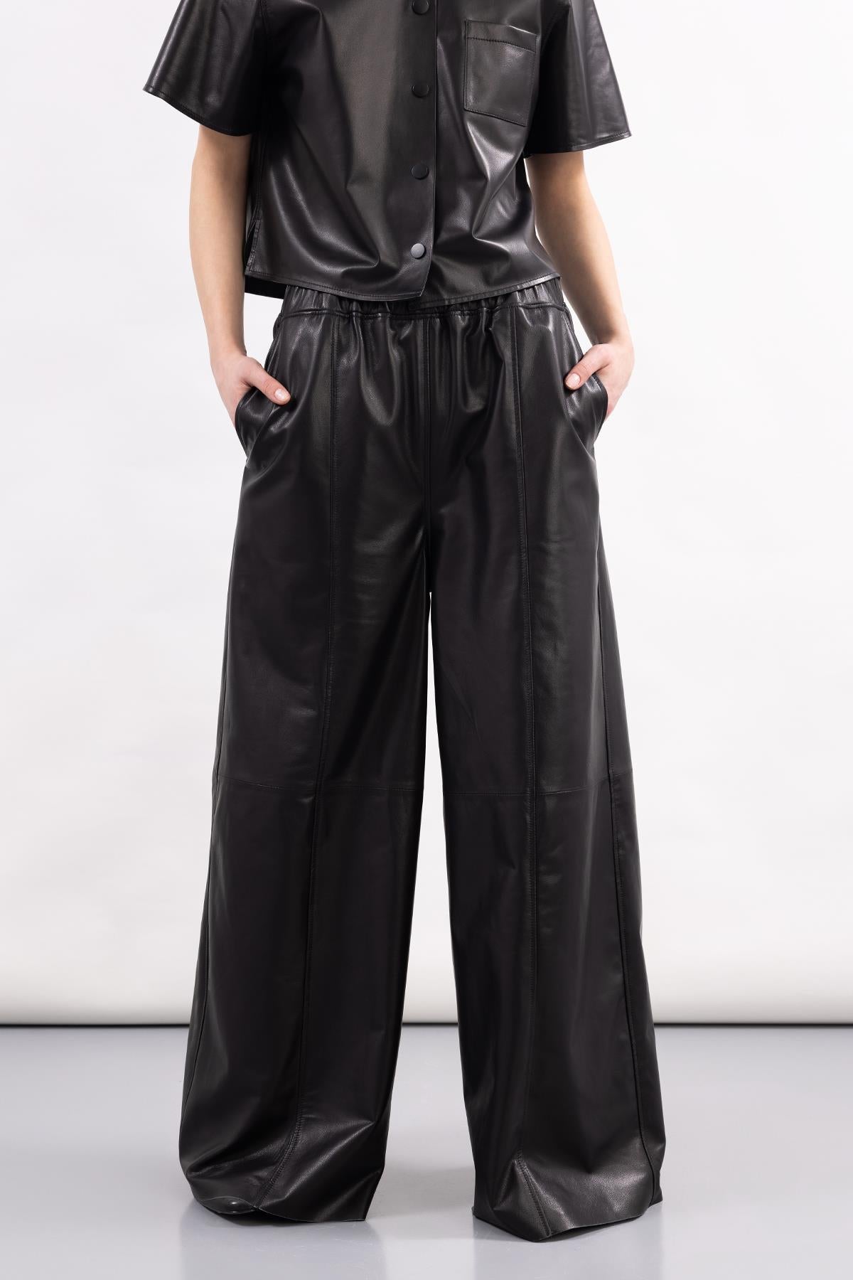 BLACK LEATHER WIDE LEG TROUSERS