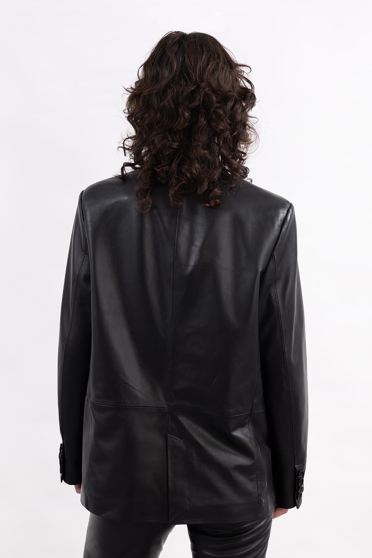 BLACK DOUBLE BREASTED LEATHER BLAZER JACKET