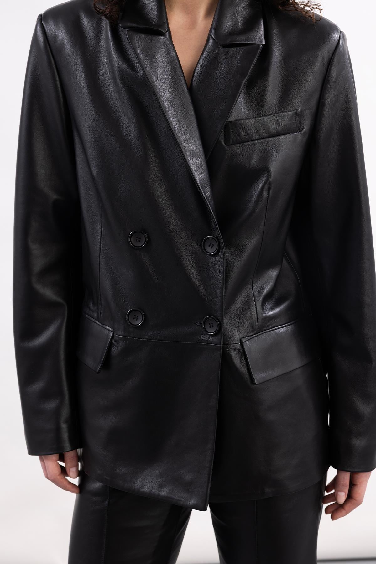 BLACK DOUBLE BREASTED LEATHER BLAZER JACKET