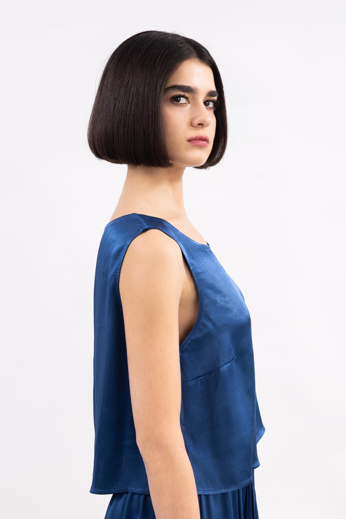 COBALT BLUE SLEEVELESS SWIVEL COLLAR SATIN TOP